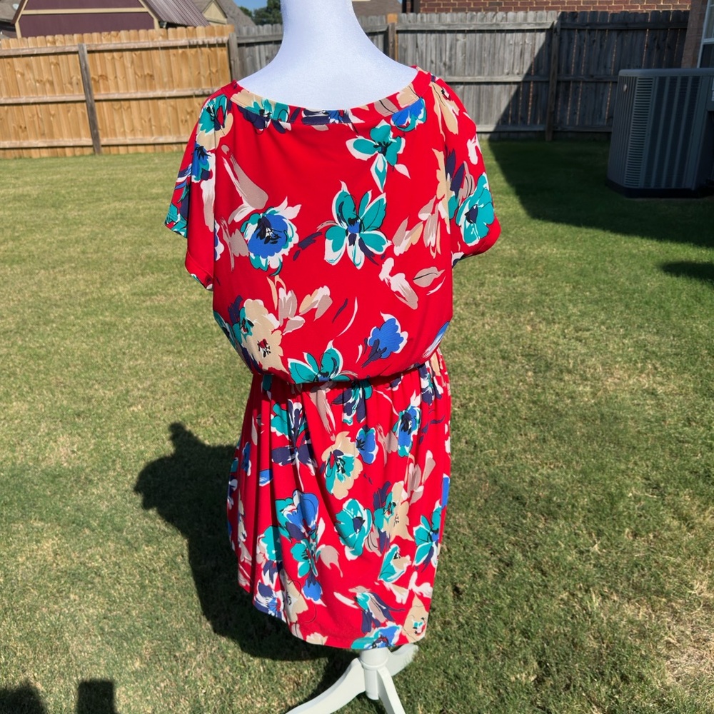 Jones New York Red Floral Dress with Blue and Cream